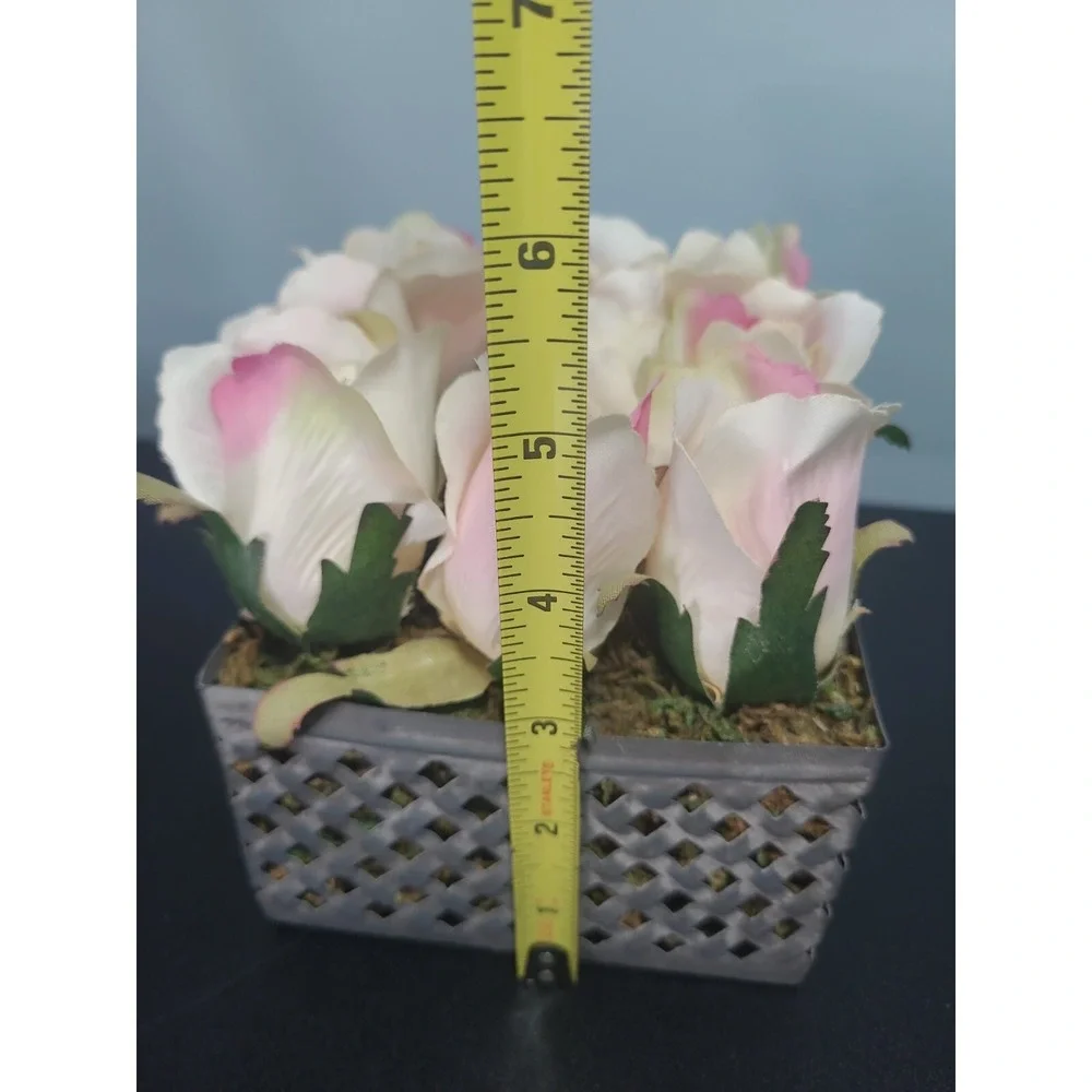 Vintage Artificial 9‎ Pink Roses Arrangement In Metal Basket